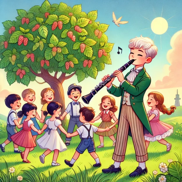 DALL·E 2024 11 21 21.36.55 A charming and colorful illustration of a person playing a clarinet while children joyfully dance around a lush green mulberry bush. The clarinet play