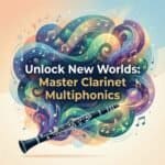 Clarinet Multiphonics: Complete Guide to Fingerings, Technique and Musical Use Vibrant abstract music-themed background featuring a clarinet and colorful musical notes, highlighting Master Clarinet Multiphonics, musical education, and innovative clarinet techniques.