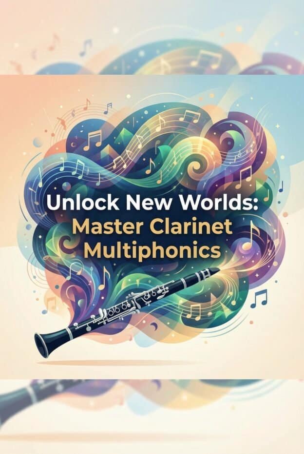 Vibrant abstract music-themed background featuring a clarinet and colorful musical notes, highlighting Master Clarinet Multiphonics, musical education, and innovative clarinet techniques.
