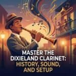 Clarinet in Dixieland Jazz: History, Sound, Players and Practical Setup Elegant jazz musician playing clarinet on lively street, warm streetlamps, musical notes, evening setting, downtown vibe.