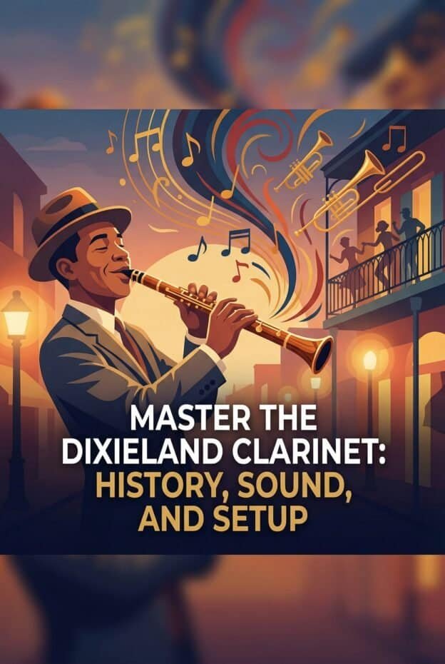 Clarinet in Dixieland Jazz: History, Sound, Players and Practical Setup 1 Elegant jazz musician playing clarinet on lively street, warm streetlamps, musical notes, evening setting, downtown vibe.