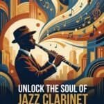 Jazz Clarinet: History, Techniques, and the Instrument Behind the Sound A vibrant digital artwork of a jazz musician playing the clarinet in an urban cityscape with musical notes and sound waves, emphasizing jazz history and mastery.