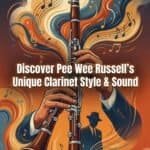 Pee Wee Russell: Clarinet Style, Sound, and Practice Guide Close-up of a vintage-style illustration featuring a clarinet, musical notes, and a silhouette of a musician in a suit and hat, promoting Pee Wee Russell’s unique clarinet sound and style.