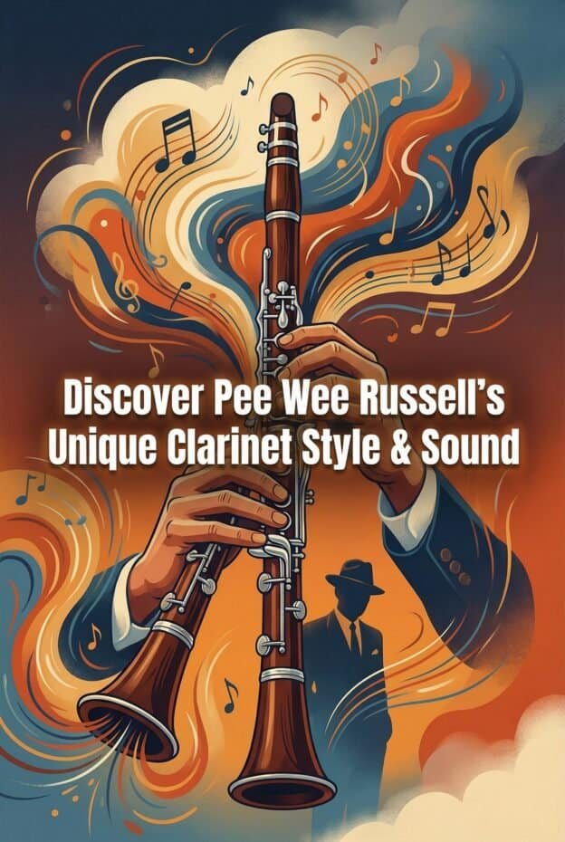 Pee Wee Russell: Clarinet Style, Sound, and Practice Guide 1 Close-up of a vintage-style illustration featuring a clarinet, musical notes, and a silhouette of a musician in a suit and hat, promoting Pee Wee Russell’s unique clarinet sound and style.