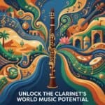 Clarinet in World Music Scales: Microtones, Maqam, Raga & Beyond Vibrant digital art showcasing a clarinet surrounded by musical notes, cityscape, desert, and nature elements, emphasizing music innovation and global cultural connection.