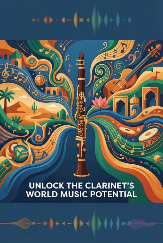 Vibrant digital art showcasing a clarinet surrounded by musical notes, cityscape, desert, and nature elements, emphasizing music innovation and global cultural connection.