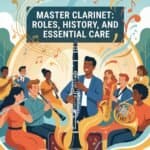 Clarinet in Wind Ensembles: History, Roles, Techniques & Care Bright, colorful illustration of a jazz band with clarinet, saxophones, trumpet, and other instruments, promoting clarinet care, roles, and history.