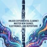 Clarinet Experimental Music: Techniques, Electronics, Repertoire and Practice Strategies Close-up of a modern clarinet with digital music elements and vibrant colorful wave graphics, showcasing advanced musical instruments and electronic sounds.