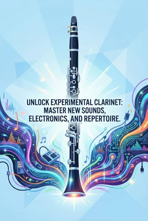 Clarinet Experimental Music: Techniques, Electronics, Repertoire and Practice Strategies 1 Close-up of a modern clarinet with digital music elements and vibrant colorful wave graphics, showcasing advanced musical instruments and electronic sounds.