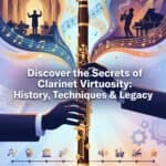 Clarinet Virtuosos: History, Techniques, and Legacy Across Classical and Jazz Elegant illustration of a clarinet with musical notes, orchestral scene, and jazz performance to showcase the history and techniques of clarinet playing.