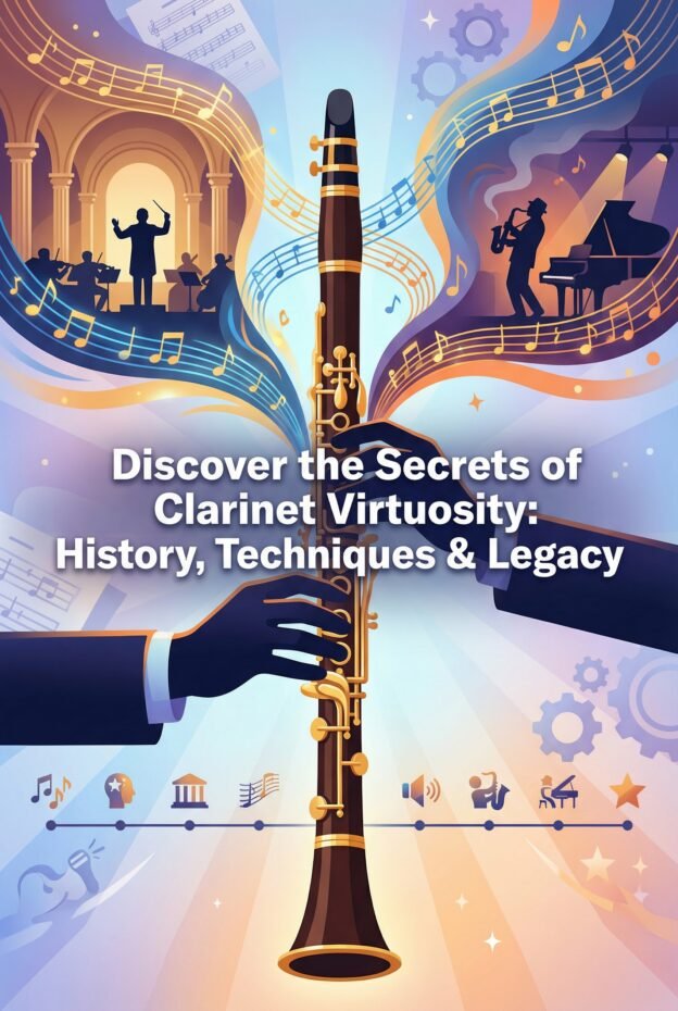 Clarinet Virtuosos: History, Techniques, and Legacy Across Classical and Jazz 1 Elegant illustration of a clarinet with musical notes, orchestral scene, and jazz performance to showcase the history and techniques of clarinet playing.