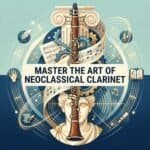 Clarinet in Neoclassical Music: History, Technique, Repertoire & Setup High-quality digital illustration emphasizing mastery of the neoclassical clarinet featuring musical motifs, classical sculpture, and gears symbolizing craftsmanship, perfect for promoting clarinet lessons or music education.