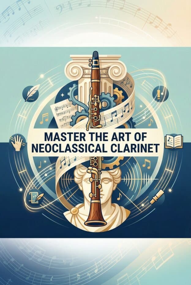 High-quality digital illustration emphasizing mastery of the neoclassical clarinet featuring musical motifs, classical sculpture, and gears symbolizing craftsmanship, perfect for promoting clarinet lessons or music education.