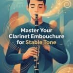 Clarinet Embouchure: Complete Step-by-Step Guide for Stable Tone and Control Young man playing clarinet with musical notes swirling around, emphasizing mastering clarinet embouchure and achieving stable tone.