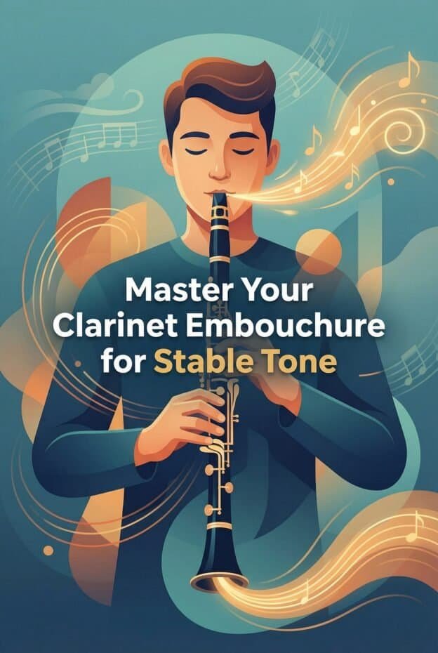 Clarinet Embouchure: Complete Step-by-Step Guide for Stable Tone and Control 1 Young man playing clarinet with musical notes swirling around, emphasizing mastering clarinet embouchure and achieving stable tone.