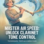 Clarinet Air Speed Control: Techniques, Tests & 6-Week Training Plan Young woman playing clarinet with musical notes flowing, vibrant sound waves, and artistic swirl background, promoting clarinet tone control, techniques, tests, and training.