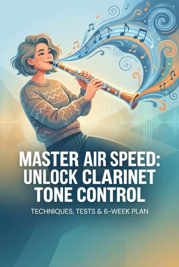 Clarinet Air Speed Control: Techniques, Tests & 6-Week Training Plan 1 Young woman playing clarinet with musical notes flowing, vibrant sound waves, and artistic swirl background, promoting clarinet tone control, techniques, tests, and training.