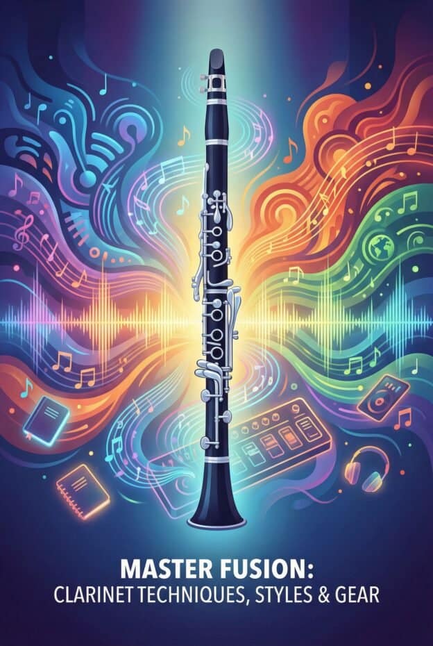 Clarinet in Fusion Music: Techniques, Styles, Gear and Practice Strategies 1 A vibrant digital illustration of a clarinet surrounded by colorful music notes, sound waves, and music gear, highlighting advanced clarinet techniques, styles, and gear. Perfect for promoting musical mastery and clarinet education.