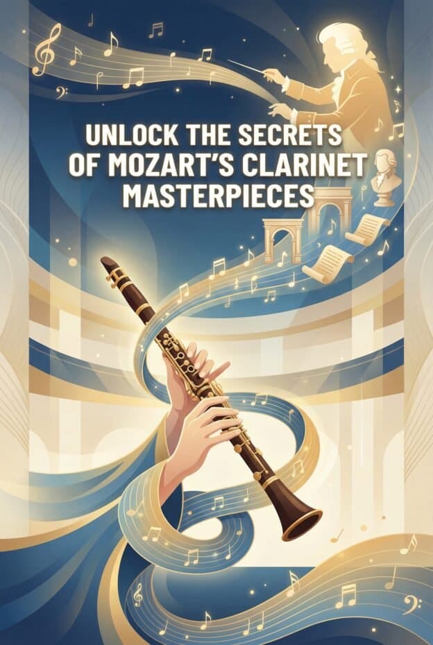 Clarinet in Mozart's Compositions: History, Sound, and Performance Guide 1 Elegant clarinet with musical notes and Mozart-themed imagery, highlighting the mastery of Mozart’s clarinet works.
