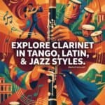 Clarinet in Jazz: Tango, Latin, Afro-Cuban, Brazilian, Cape and Kansas City Styles Colorful poster featuring a clarinet, salsa dancers, drums, and musical notes celebrating Latin jazz music and dance styles at Martin Freres.