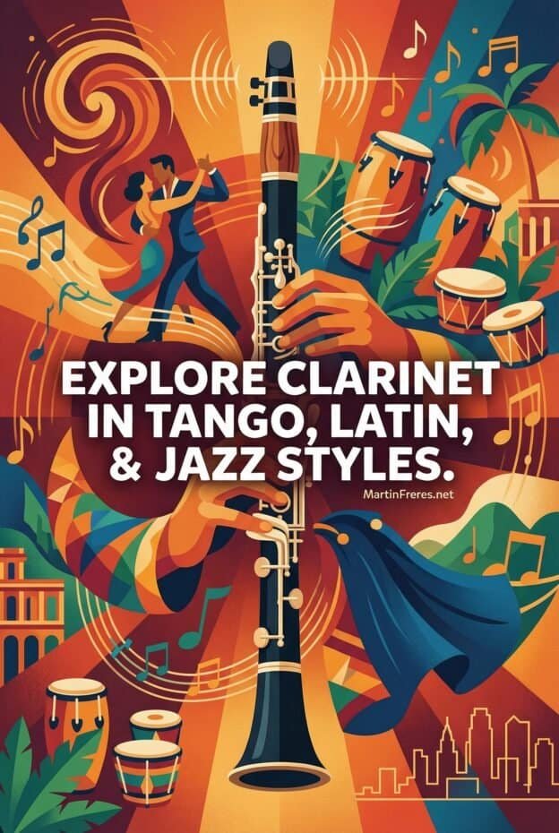 Colorful poster featuring a clarinet, salsa dancers, drums, and musical notes celebrating Latin jazz music and dance styles at Martin Freres.