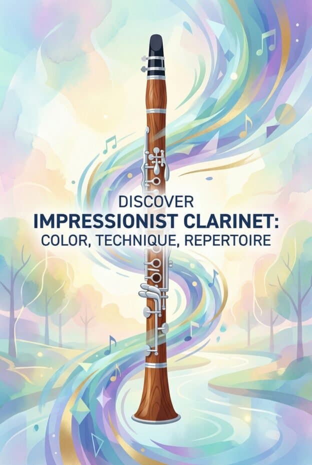 Clarinet in Impressionist Music: Color, Technique, and Essential Repertoire 1 Vibrant illustration of a clarinet with swirling musical notes and pastel background, emphasizing the artistry, tone, and technique of Impressionist clarinet music, perfect for music lovers and musicians.