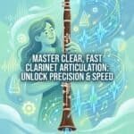 Clarinet Articulation: Techniques, Exercises, and Practice Plans for Clear, Fast Playing Vibrant digital illustration featuring a young woman holding a clarinet, surrounded by musical and technological graphics for enhanced sound clarity and precision.