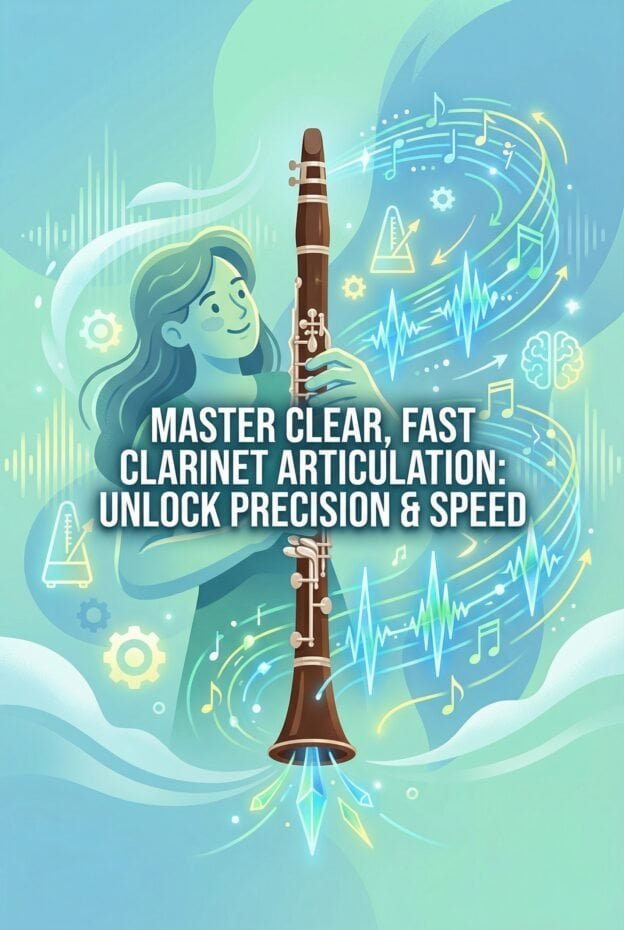 Vibrant digital illustration featuring a young woman holding a clarinet, surrounded by musical and technological graphics for enhanced sound clarity and precision.
