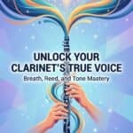 Clarinet Air Pressure Control: Breath, Reed, and Tone Mastery Artwork illustrating a clarinet with vibrant, musical waves and sound symbols, promoting breath, reed, and tone mastery for clarinet players.