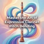 Clarinet Pitch Bending: Techniques, Acoustics & Practice Routines An artistic illustration promoting mastery in expressive clarinet pitch bending techniques, featuring a clarinet with colorful, swirling background for music education and instrument mastery SEO focus.