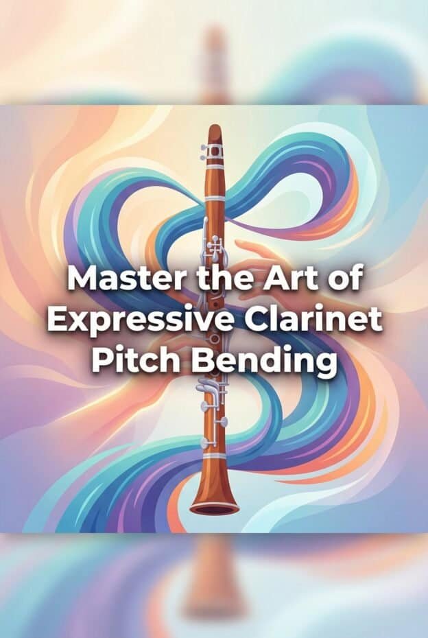 An artistic illustration promoting mastery in expressive clarinet pitch bending techniques, featuring a clarinet with colorful, swirling background for music education and instrument mastery SEO focus.