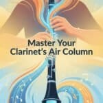 Clarinet Air Column Control: Breathing, Embouchure, and Practice Drills Close-up of a woman playing a clarinet with musical notes swirling around, emphasizing mastery of clarinet playing and tone control for musicians.