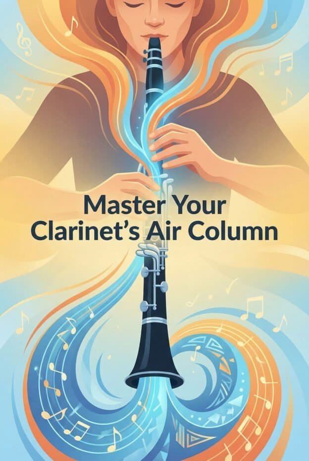 Close-up of a woman playing a clarinet with musical notes swirling around, emphasizing mastery of clarinet playing and tone control for musicians.