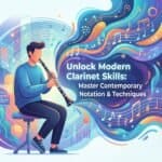 Contemporary Clarinet Notation: Symbols, Techniques & Practical Guide Colorful modern illustration of a person playing the clarinet with dynamic musical notes and waves, emphasizing music mastery and contemporary notation techniques for advanced clarinet learning.
