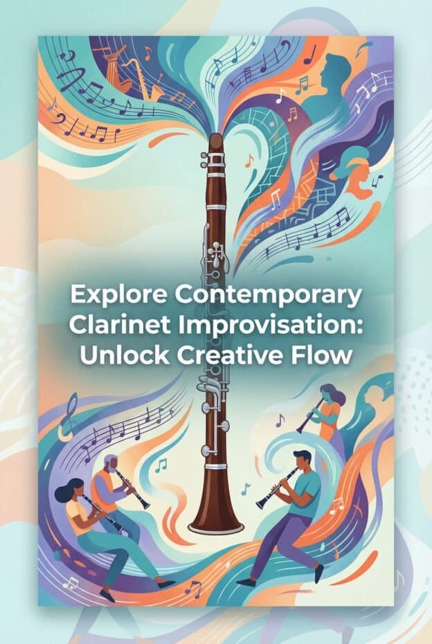 Dynamic illustration of musicians playing clarinet with flowing musical notes and abstract art.