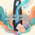 Clarinet Mouthpiece Cleaning: Complete Guide to Tools, Steps, and Hygiene Image of a clarinet being cleaned with a cloth, emphasizing mouthpiece and internal hygiene, surrounded by cleaning tools and bubbles. Perfect for clarinet maintenance, cleaning tips, and musical instrument hygiene.