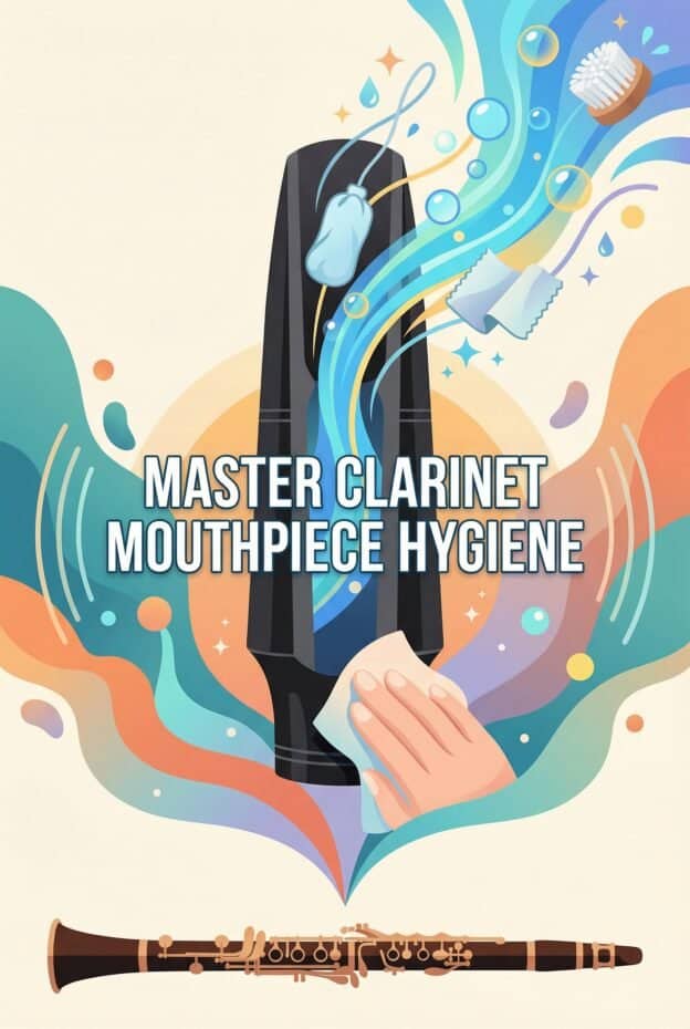 Clarinet Mouthpiece Cleaning: Complete Guide to Tools, Steps, and Hygiene 1 Image of a clarinet being cleaned with a cloth, emphasizing mouthpiece and internal hygiene, surrounded by cleaning tools and bubbles. Perfect for clarinet maintenance, cleaning tips, and musical instrument hygiene.