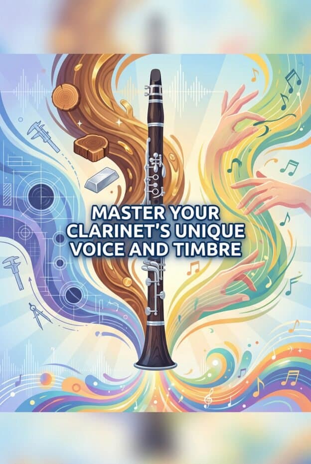 Clarinet Timbre: How Design, Materials, and Technique Shape Your Sound 1 Vibrant artistic design highlighting clarinet, musical notes, and hands, emphasizing expertise in clarinet performance and musical craftsmanship.