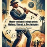 Elegant jazz musician playing the clarinet in vintage style, emphasizing mastery of jazz, swing music, and clarinet techniques for music enthusiasts and professionals.