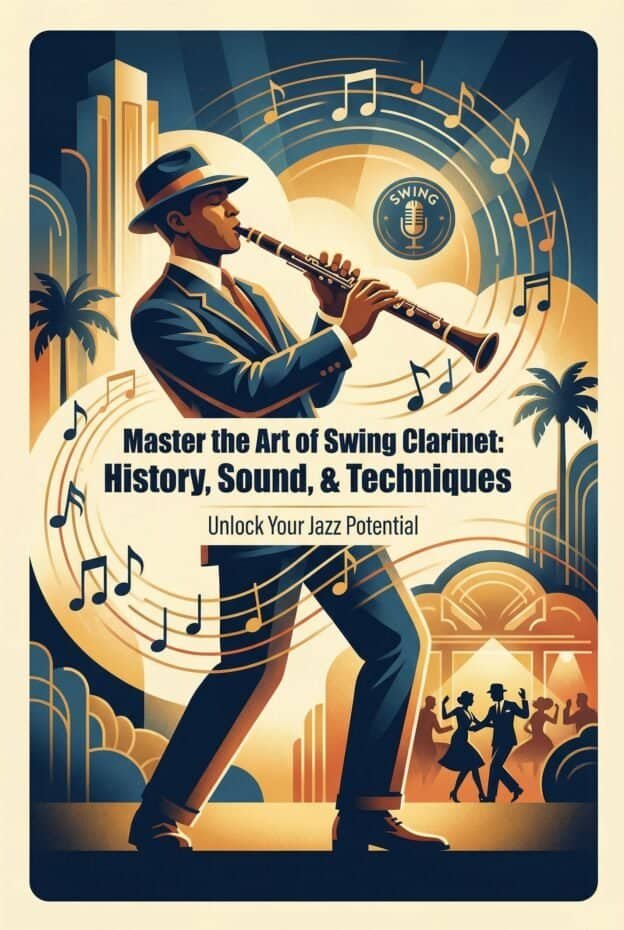 Elegant jazz musician playing the clarinet in vintage style, emphasizing mastery of jazz, swing music, and clarinet techniques for music enthusiasts and professionals.