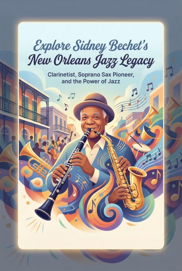 Sidney Bechet: Clarinetist, Soprano Sax Pioneer, and the Power of New Orleans Jazz Style 1 Vibrant jazz festival poster featuring Sidney Bechet's New Orleans jazz tribute, highlighting clarinet and saxophone pioneers, and celebrating jazz history and heritage.
