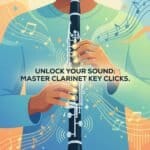 Clarinet Key Clicks: Causes, Control, and Creative Uses Explained Close-up of person playing clarinet with vibrant musical graphics, promoting mastering clarinet key clicks and sound unlocking techniques, emphasizing quality musical education.