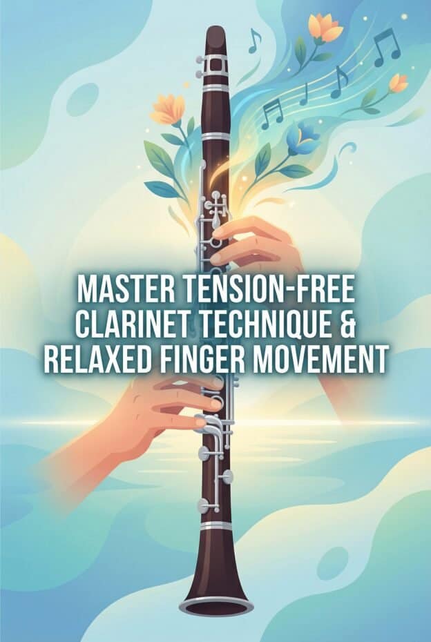 Vivid illustration of a clarinet with floral and musical motifs, promoting tension-free technique and relaxed finger movement for musicians.