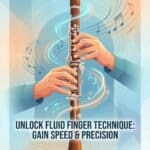 Clarinet Finger Motion Efficiency: Techniques, Exercises & Setup Close-up of hands playing a wooden flute with musical notes artfully swirling around, emphasizing skilled finger placement and precision in flute performance.