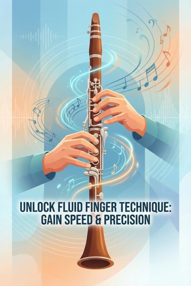 Close-up of hands playing a wooden flute with musical notes artfully swirling around, emphasizing skilled finger placement and precision in flute performance.