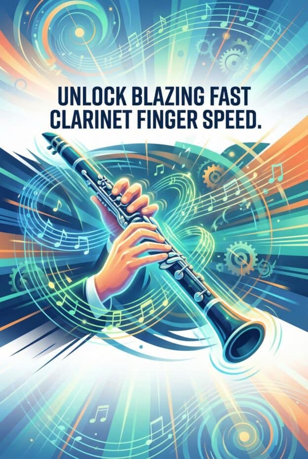 A vibrant digital illustration showcasing a person playing the clarinet, surrounded by colorful musical notes, gears, and abstract light effects, promoting fast finger speed and musical mastery.