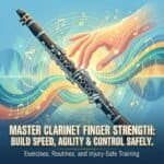 Clarinet Finger Strength: Exercises, Routines, and Injury-Safe Training Close-up of a hand guiding a clarinet, surrounded by musical notes and vibrant, colorful sound waves, highlighting techniques for improving clarinet finger strength and agility.