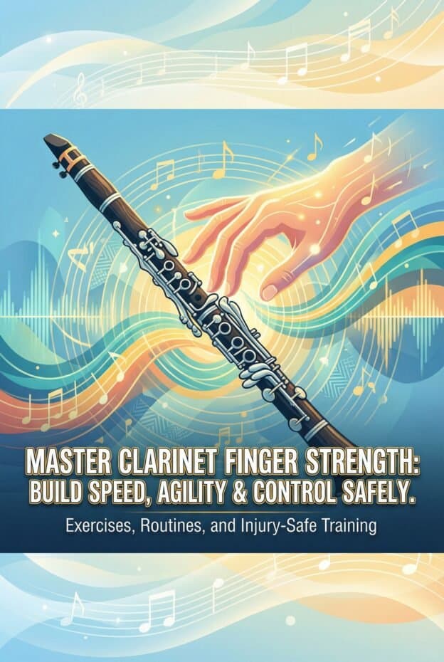 Clarinet Finger Strength: Exercises, Routines, and Injury-Safe Training 1 Close-up of a hand guiding a clarinet, surrounded by musical notes and vibrant, colorful sound waves, highlighting techniques for improving clarinet finger strength and agility.