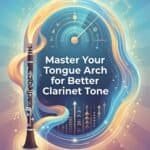 Close-up of a clarinet and a graphic of a human head with a clock and musical notes, emphasizing mastering clarinet tone, sound improvement, and practicing techniques.