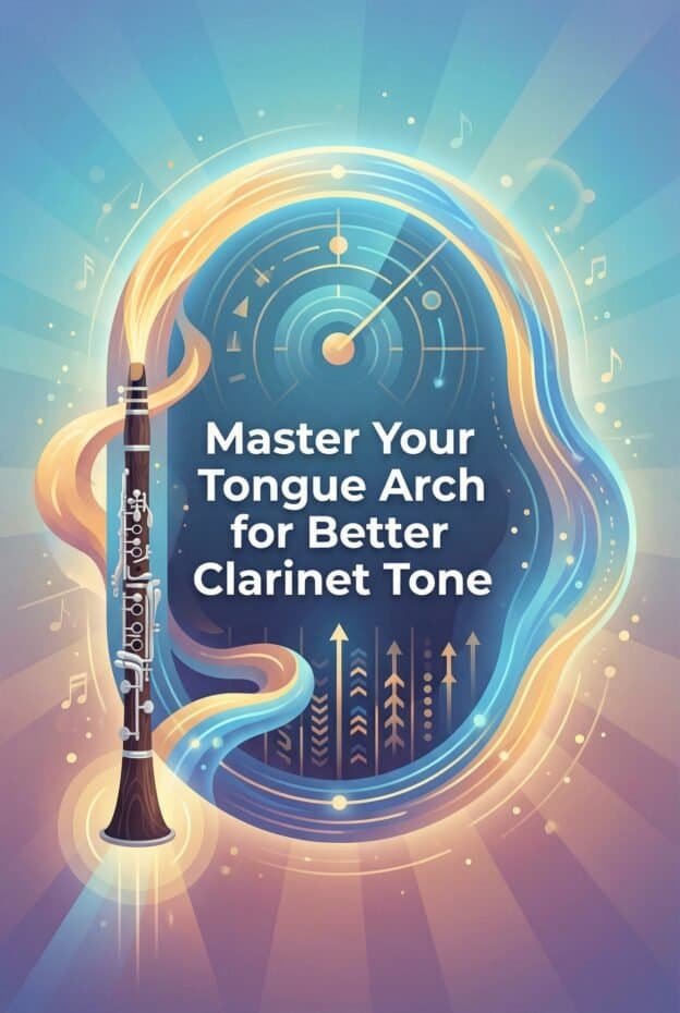 Close-up of a clarinet and a graphic of a human head with a clock and musical notes, emphasizing mastering clarinet tone, sound improvement, and practicing techniques.